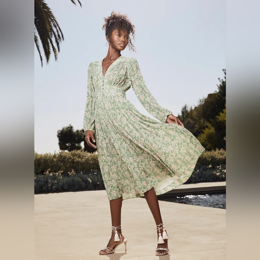 New Garden Dancer Green Floral Pleated Long Sleeve Midi Dress Lulus Small